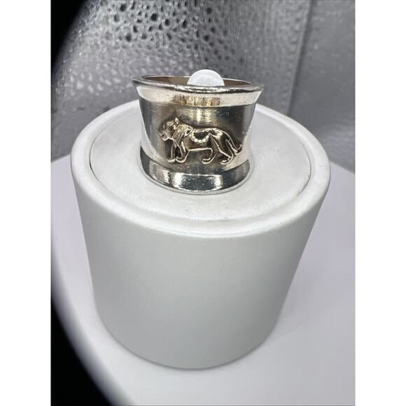 STERLING CIGAR BAND RING WITH 14K GOLD PANTHER/LION SIZE 7.5 - Picture 7 of 7